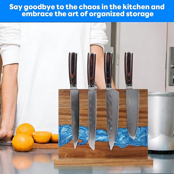 Magnetic Knife Block | Double Sided Magnetic Knife Holder | Acacia Wood Magnetic Knife Rack | Magnetic Knife Storage Stand for Kitchen Counter, Blue Resin River, 12.59×9.84IN (No Knife) - Image 5