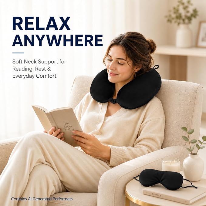 RAINFLOW Travel Neck Pillow Set - Black Memory Foam Cushion with Eye Mask | Airplane Pillow with Removable Washable Cover for Long Flights, Plane Sleeping, Neck Support and Travel Essentials - Image 6