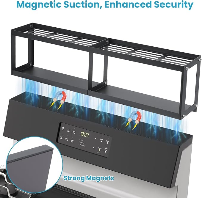 OTraki 2 Tier Strong Magnetic Oven Shelf 30 Inch Length Spice Rack | Over The Stove Shelf with 2 Anti-Slip Mats Seasoning & 4 Hooks Kitchen Spice Storage Organizer Black - Image 2