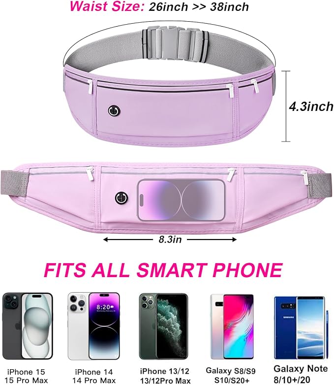 Slim Running Belt for Women Men,Runners Fanny Pack Phone Holder,Money Belt,Running Gear Accessories,with 3 Pockets (Purple) - Image 3