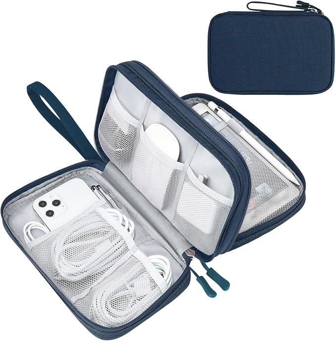 FYY Electronic Organizer, Travel Tech Pouch Bag, Large, Navy | Wrist Strap, Waterproof, Double Layers Portable Electronics Travel Carrying Case for Cord, Charger, Daily Business Trips Use by FYY