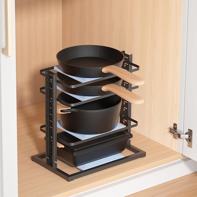 LAMU Pots and Pans Organizer for under Cabinet, 4-Tier Heavy Duty Pan Pot Organizers inside Cabinet, Adjustable Pot Rack Kitchen Cabinet Organization and Storage Holds up to 12" Cookware - Image 7