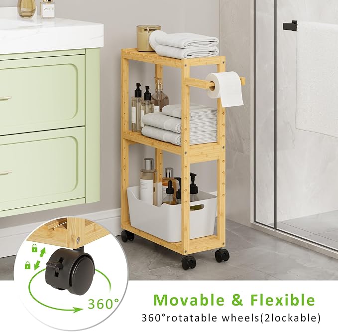 RRX Bamboo Rolling Cart, Slim 3-Tier Standing Shelf Units on Wheels (Beige) | Bamboo Shelves Utility, Storage Corner Shelf Cabinet for Narrow Space, Toilet Paper Organizer for Bathroom, Kitchen - Image 7