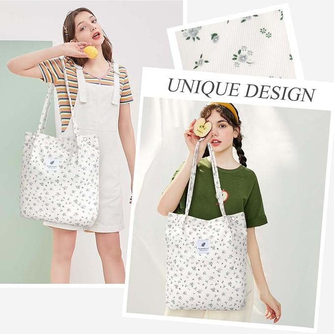 LHMTQVK Corduroy Tote Bags for Women, Large Capacity Tote Purse Reusable Grocery Shoulder Bag with Inner Pockets - Image 7