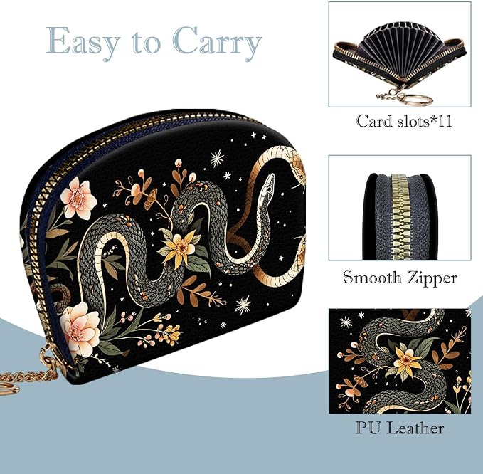 Women's Slim RFID Wallet – Compact Leather Card Holder Wallet for Women, 9 Card Slots RFID Blocking Credit Card Organizer, Small Travel Wallet - Aesthetic Snake Floral - Image 4