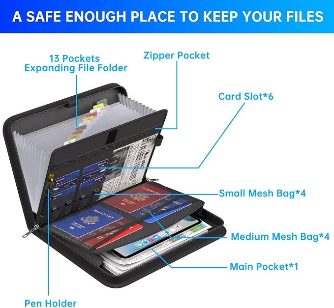 ENGPOW Accordion File Organizer, Fireproof Expanding File Folder with 13 Pockets Document Organizer with Handle & Labels, Portable Home Travel Safe Storage for Letter A4 Files and More, Black - Image 4
