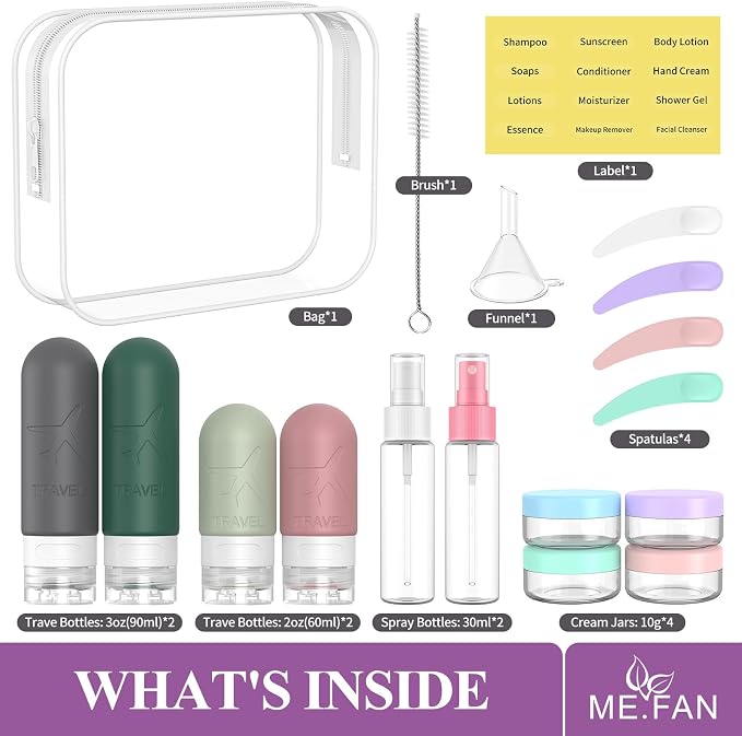 ME.FAN 18 Pack Travel Bottles for Toiletries, TSA Approved, Morandi | Travel Size Containers Set, Silicone Squeezable Portable Split Bottle, Travel Accessories for Conditioner, Shampoo, Lotion - Image 2