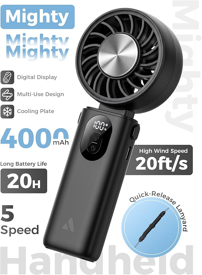 Aecooly Mighty Portable Handheld Fan with Cooling Plate | 20H Max Cooling | 3 Flexible Modes | 5 Speeds Wind | Battery Level Display | Mini Personal Battery Powered, Gifts for Women, Travel-Black - Image 2