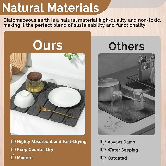 Small Stone Dish Drying Mat for Kitchen Counter, 2 PCS 16"×12" & 8"x4" Quick Dry Stone Mats, Foldable Water Absorbing Diatomaceous Earth Drying Dish Pad for Countertop Bottles Utensils Cups(Dark Gray) - Image 7