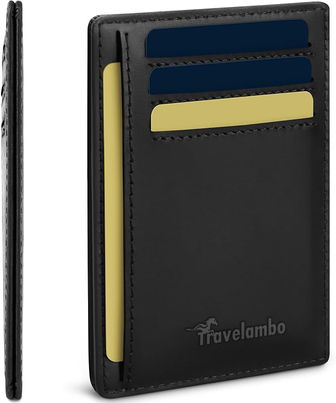 Travelambo 100% Genuine Leather Wallet for Men and Women, Slim Minimalist RFID Blocking Front Pocket Credit Card Holder with Gift Box(CH Black) by Travelambo
