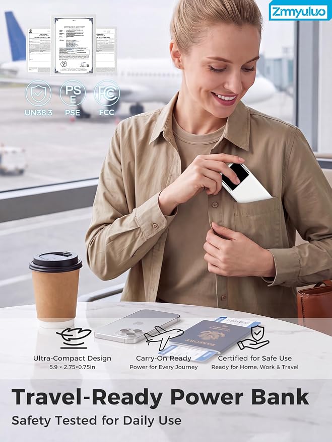 Portable Charger 10000mAh Power Bank with Built-in Cables and Wall Plug | Slim Fast Charging USB-C Battery Pack, LED Display Travel Essential Portable Phone Charger for Cell Phones(Cream) - Image 6