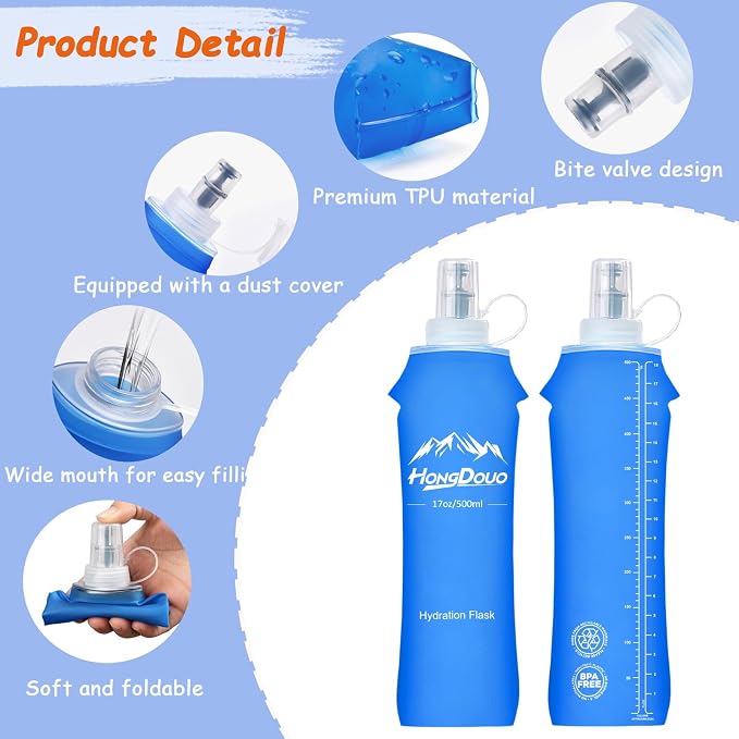 Flexible Running Bottles - Two Pack: 500ml/17oz, Foldable, BPA/PVC Free Soft Flask for Hydration Vests and Running Packs,Collapsible Leak-proof Pocket Bottle for Jogging, Hiking, Cycling, Climbing - Image 3
