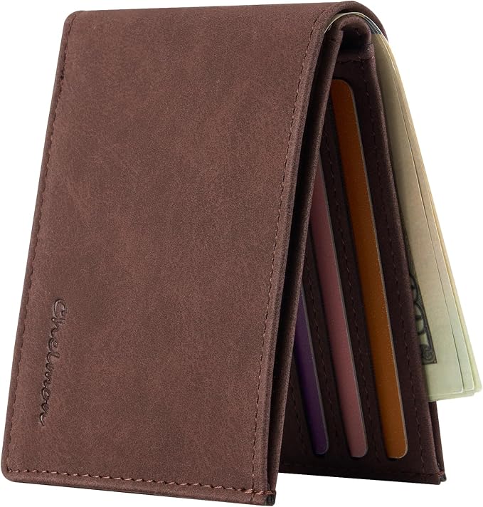 Chelmon Slim Wallet for Men ID Window with RFID Blocking Front Pocket Bifold Minimalist Bussiness Card Holder Gift for Men, Vintage Brown by Chelmon