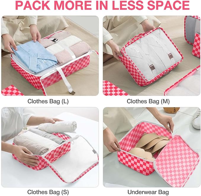 8 Set Packing Cubes for Suitcases,Packing Cube with Shoe,Cosmetics,Clothing, and Accessories Bags Packing Cubes for Travel Luggage Organizer Women Men(Rose Checkered) - Image 4