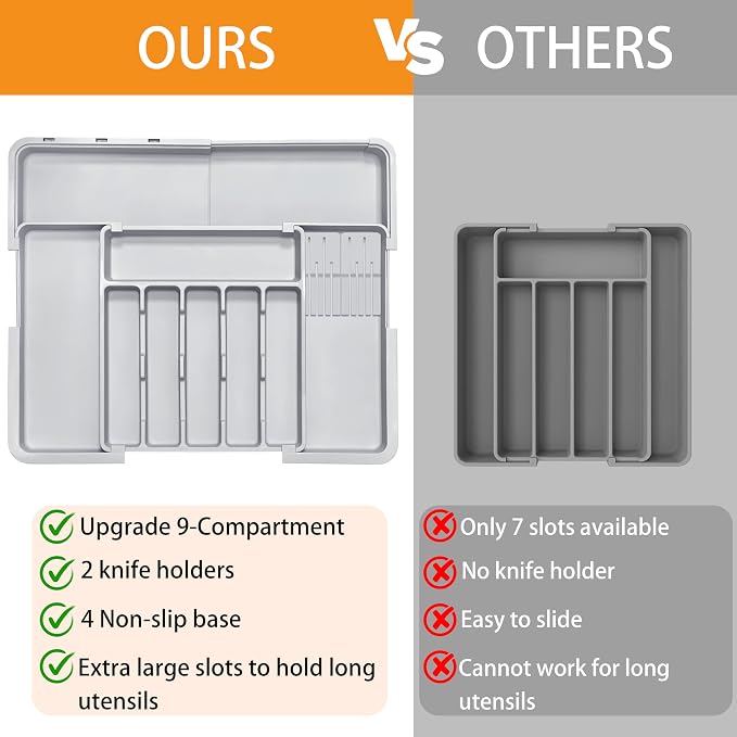 Silverware Drawer Organizer for Kitchen, Adjustable Utensil Drawer Organizer with 2 Knife Block, BPA Free Flatware and Cutlery Holder, Expandable Plastic Storage for Spoons Forks Knives(Grey) - Image 3