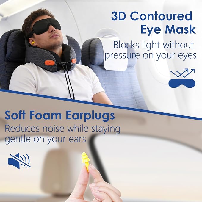 Travel Pillow Memory Foam Neck Pillow for Airplanes with Adjustable Neck Support, Includes Eye Mask, Earplugs & Storage Bag - Perfect for Flights, Road Trips, and Trains - Image 4