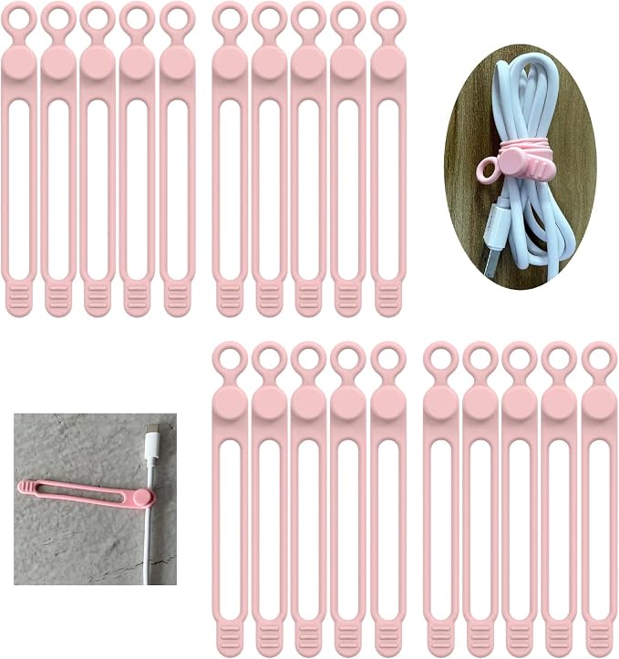 UMUST 20Pcs Silicone Cable Ties, Cable Management Cord Organizer Pink | Reusable Cord Ties, Cable Strap Tie for Bundling Electronics Wire,Home Office Travel Essentials Accessories 4.2inch by ELECTRONICACCESSORIES