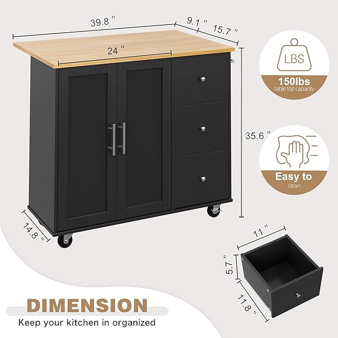 Shintenchi Kitchen Island with Folding Drop Leaf, Rolling Island Table with Storage, Kitchen Cabinet on Wheels with Seating Area for Kitchen, Bar Cart with Cabinet, Black - Image 3