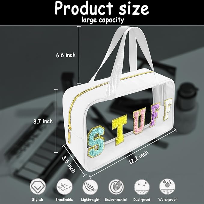 Chenille Letter Clear Makeup Bag Stuff Patch, Travel Toiletry Makeup Bag with Handle, Nylon Waterproof Makeup Bags clear cosmetic bag, preppy patch makeup bag for Women (STUFF-White) - Image 2