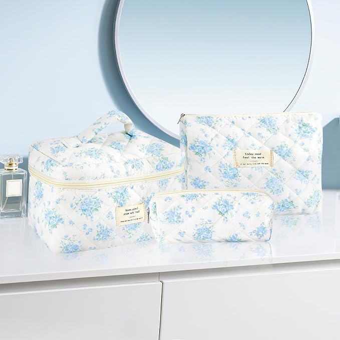 URSKYTOUS 3Pcs Cotton Quilted Makeup Bag for Women Girls Large Small Travel Floral Cosmetic Bags Set Cute Coquette Zipper Makeup Pouch for Purse Aesthetic Cloth Flower Storage Toiletry Bag Organizer - Image 7