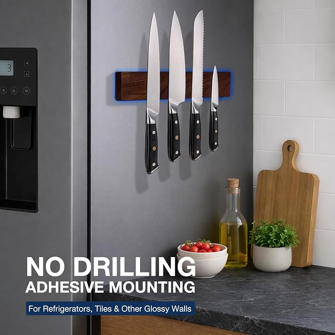 Magnetic Knife Strip 12”, Acacia Wood Knife Holder for Wall Mount | No Drill for Fridge, Dual-Row Magnet Hold 6 Knives & Heavy Cleaver, 3M Tape & Screw Mount, Kitchen Knife & Utensil Organizer - Image 3