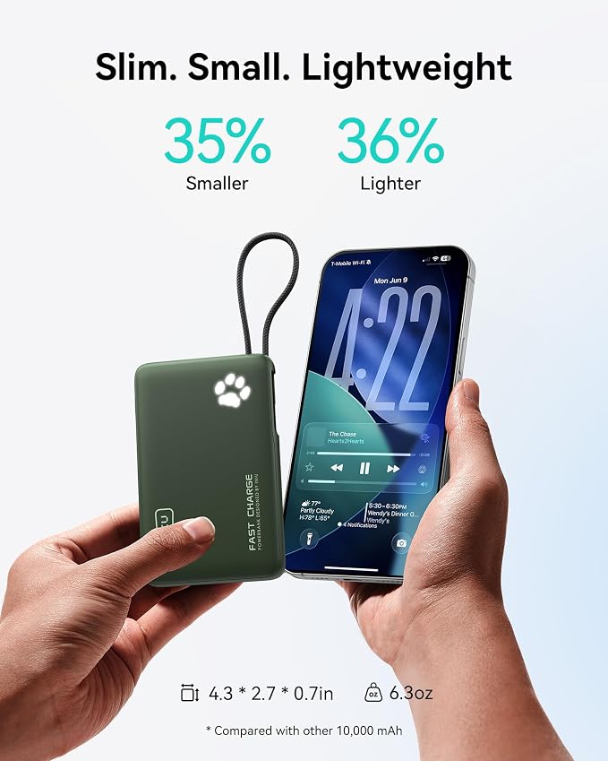 INIU 45W Fast Charging Tablet Portable Charger, Smaller 10000mAh Power Bank | Flight-Safe, Built-in USB C Cable, Flashlight, Battery Phone Pack for Tablet, iPad, iPhone 17 16, Samsung S26 etc, Green - Image 3