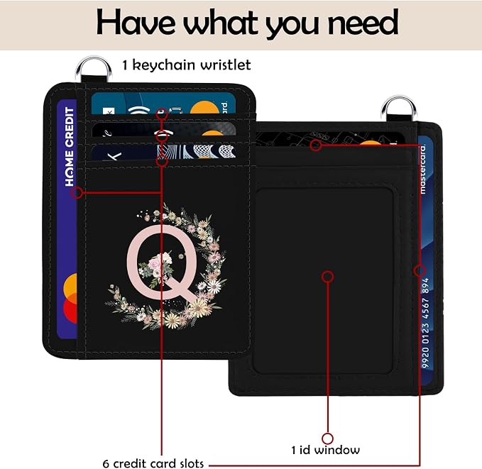 Credit Card Holder for Women,RFID Small Wallet Blocking Credit Card Holder,Slim Minimalist Wallet,Leather Card Case Holder With Keychain (Black-Q) - Image 3