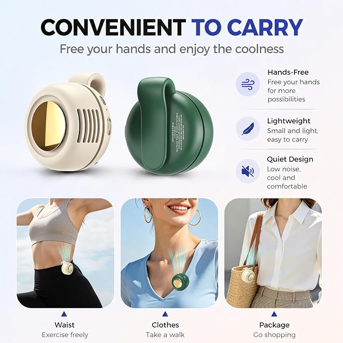 Portable Clip-on Fan Silent Bladeless Mini Fan | 360°Rotation 3-speed Modes Whirlwind Waist Clips Fans Hands-Free Cooling Fan Outdoor Trip Work Travel White-Green 2 Pack - Image 5