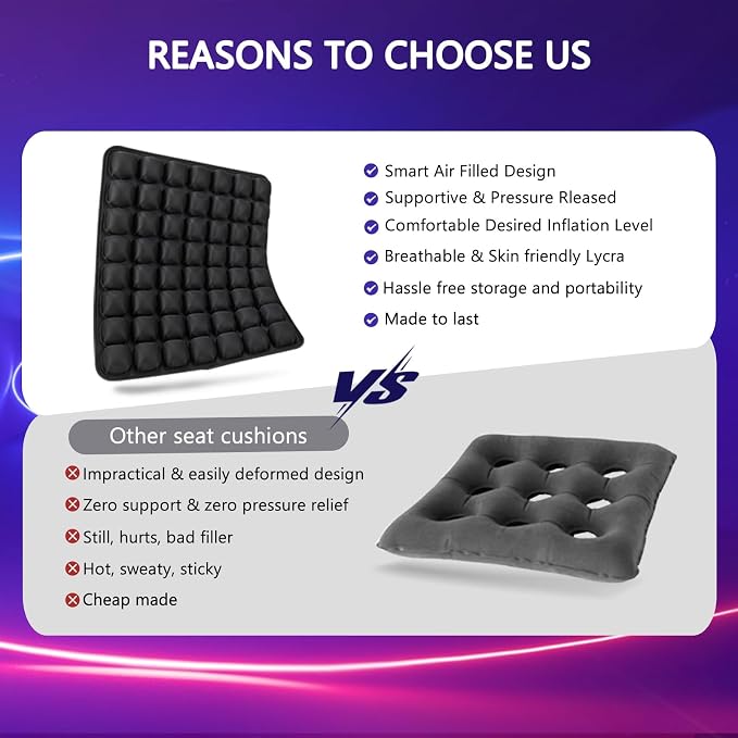 SUNFICON Air Cushion Inflatable Chair Air Seat Cushion Car Portable Breathable Comfort Cushion Office Wheelchair Pad Orthopedics Pain Pressure Relief Cushion Camping Seat Mat 18 x 16 x1 in Black - Image 5