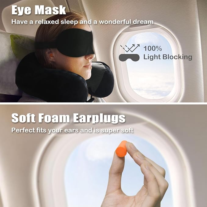 Travel Pillow, Memory Foam Neck Pillow for Traveling, U Shape Neck Pillow Airplane Portable Flight Pillow Travel Kit with 5D Contoured Eye Masks and Earplug for Plane Train Car Home Office - Image 2