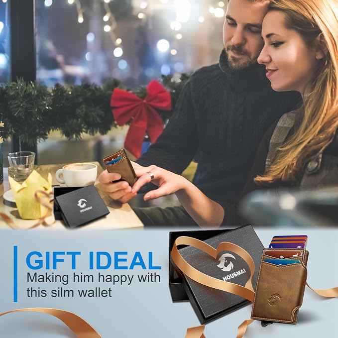 Wallet for Men, Slim Pop Up Card Holder with RFID Blocking, Minimalist Bifold Wallet with 10 Card Slots, 2 ID Window and Money Clip, Metal Flip Case with Magnetic Closure, Gift Box - Image 8