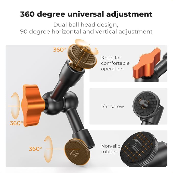 K&F CONCEPT 6" Magic Arm 1/4" Screw Articulating Mini Arm | 360° Ballhead Mount for Monitor, LED Light, Webcam, MS31 - Image 3