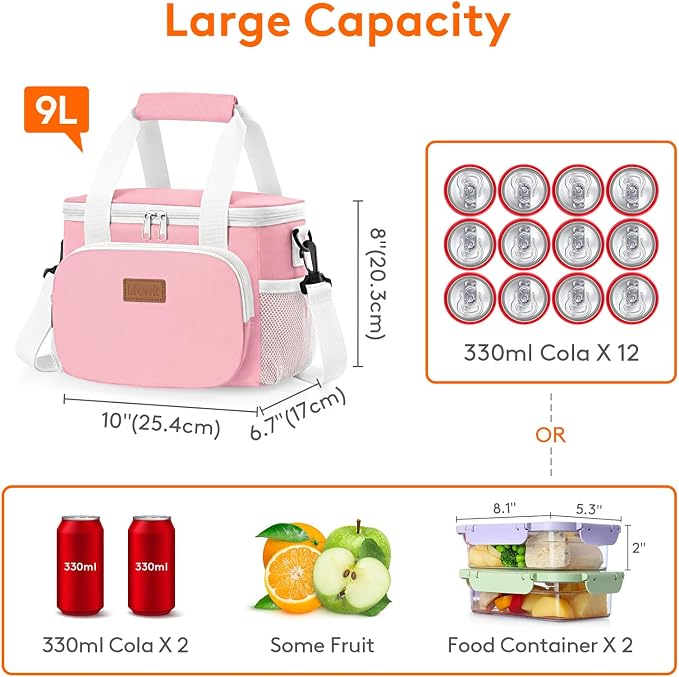 Lifewit Medium Lunch Bag, Insulated Lunch Box, Soft Cooler Cooling Tote for Adult Men Women, Light Pink 12-Can (9L) - Image 4