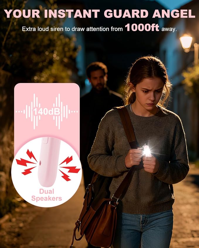 Personal Safety Alarm for Women - Waterproof Rechargeable Security Alarm - 140dB Extra Loud Siren with SOS Strobe Light - Self Defense Keychain for Women Girls Teens Seniors(Pink) - Image 2