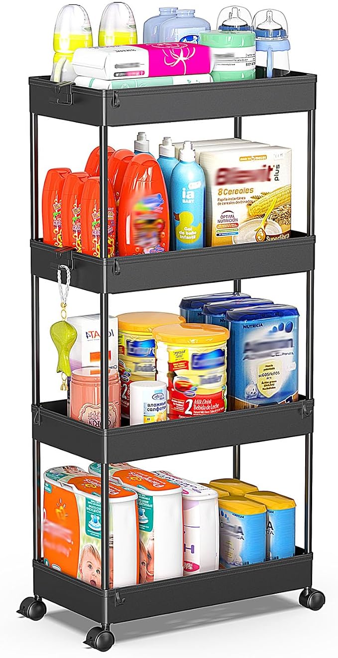 SPACEKEEPER Storage Cart 4-Tier, Bathroom Rolling Cart Utility Storage Organizer Shelf Mobile Shelving Unit for Kitchen Living Room Bathroom Laundry Room & Dressers, Black | Mobile Storage Cart for Laundry Room Organization,Kitchen,Office,Bathroom, Uti... by SPACEKEEPER