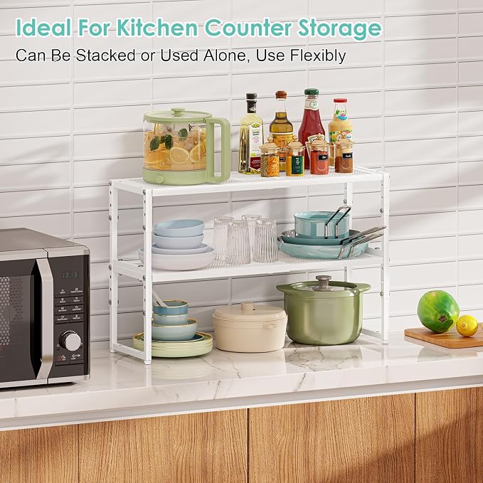 2 Pack Expandable Cabinet Shelf Organizer, Adjustable Kitchen Countertop Metal Storage Shelves Organizers, Stackable Kitchen Counter Pantry Cupboard Storage Rack, 30LBS Load Capacity,15.5"-25.5" Long - Image 5
