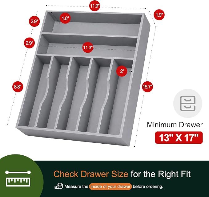 Kitchen Bamboo Silverware Organizer, Kitchen Drawer Organizer - Utensil Holder and Cutlery Tray with Grooved Drawer Dividers for Flatware 7 Slot, Grey - Image 2