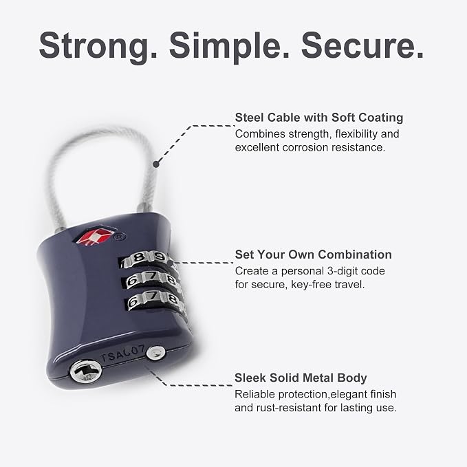 TSA Locks for Luggage, Small Combination Padlock with Cable, Luggage Locks TSA Approved for International Travel Essentials, Suitcase, Backpack Zipper, Locker, Flight Attendant Accessories - Image 4