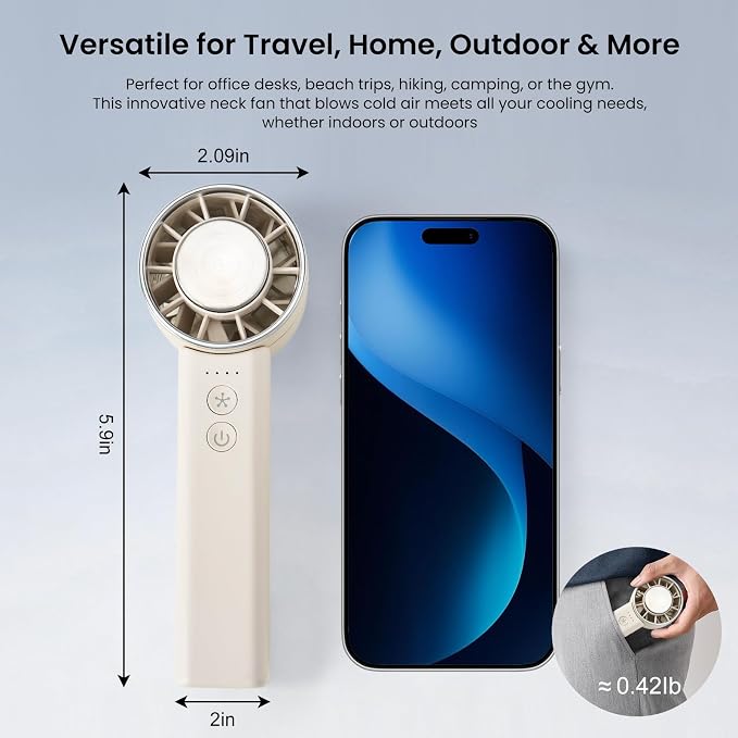 Hand Held Fan - 4 Speeds Adjustable 4800mAh,Foldable,Lightweight Neck-Worn Design,Beach Vacation Essentials,Portable Fan for Travel,Cooling for Camping Outdoor and Indoor - Beige - Image 6