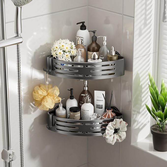 Corner Shower Caddy Suction Cup,Shower Shelves with Hooks,No Drilling Powerful Suction Bathroom Organizers and Storage,Removable Waterproof Rustproof Shower Bathroom Accessories Decor(Grey 2Pack) - Image 2