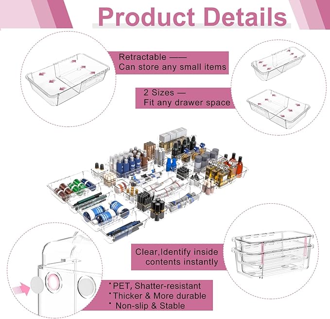 16 Pcs Extendable Clear Drawer Organizer, All Adjustable Vanity Storage Box, 2-Size Desk Drawer Organizer, Durable Storage Bins for Makeup, Cosmetic, Bedroom Dressers Tool Organizer for Gadgets - Image 3