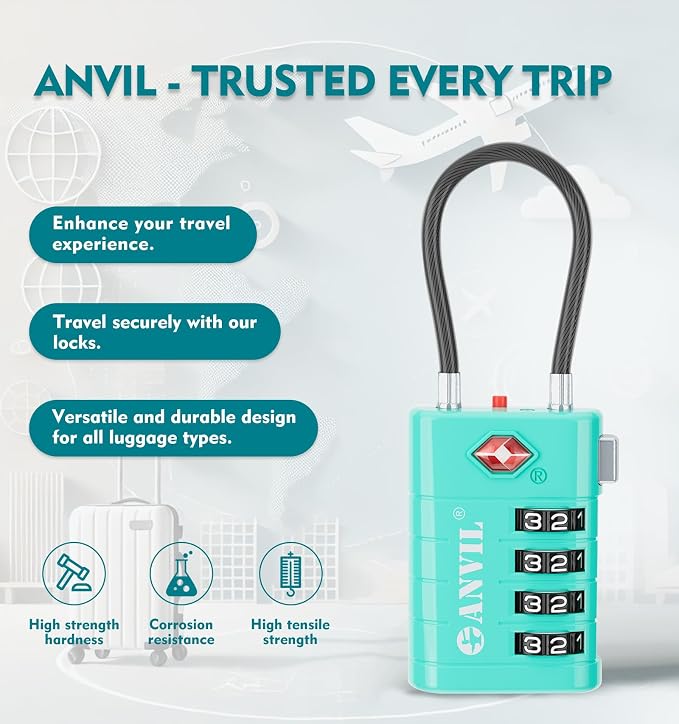 ANVIL TSA Approved Luggage Locks with Search Alert Indicator, 4-Digit Combination Suitcase Lock, Advanced TSA008 Core Heavy Duty Anti-Theft Travel Lock for Double Zippers, Backpacks - Image 4