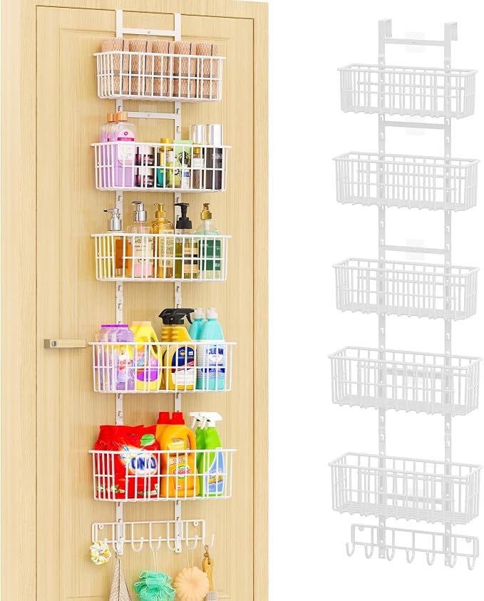 Hongtamoya Over The Door Organizer, Hanging Door Organizer with 5 Metal Baskets, Behind The Door Storage for Pantry Closet Bedroom Bathroom Cabinet Kitchen, White by Hongtamoya