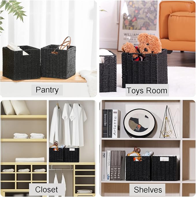 Storage Basket, Set of 2 Hand-Woven Storage Baskets for Organizing with Handles, Foldable Cube Storage Baskets Bins Organizer, 13 inch Large Wicker Baskets for Shelves & Decor, Black - Image 5