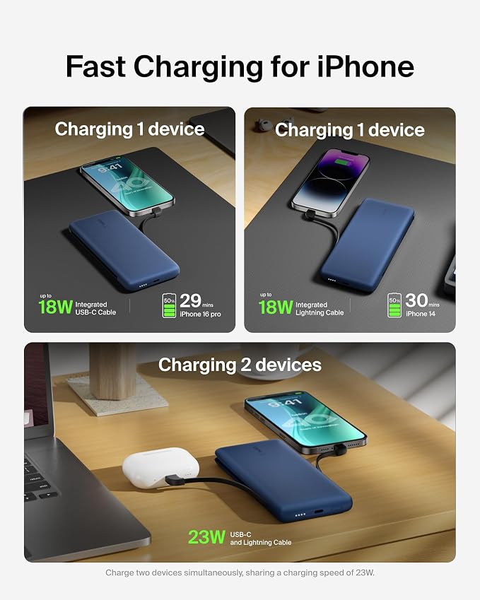 Belkin 10K 23W Portable Charger Power Bank, Integrated USB C and LTG Cables | Fast Charging, iPhone 17, Samsung Galaxy, Pixel, Airpods, iPad, Battery Pack, USB C Port, USB C Cable, Lightning Cable - Image 7