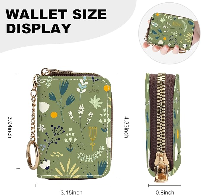 Credit Card Holder for Women,Small Rfid Wallet with Keychain Zipper,Cute PU Leather Card Case Wallet，Accordion Credit Card Wallets Gift,Green Grass White Flowers - Image 4