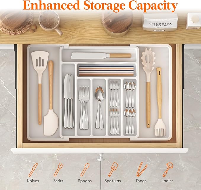Lifewit Expandable Silverware Drawer Organizer, Kitchen Utensil Tray | BPA-free Plastic Flatware Cutlery Holder, Space-Saving Storage for Spoons Forks Knives, 13-22.4 x 15“, White - Image 2