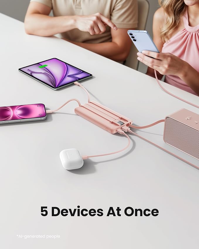 Portable Phone Charger, Slim 10000mAh Travel Essentials Power Bank with Cords Wires, Battery Pack 5 Outputs 2 Inputs LED Display Compatible with iPhone/Android & More (Pink) - Image 3