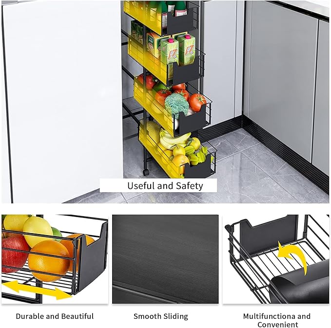 WHIFEA 5 Tier Slim Rolling Cart with Pull-Out Drawers, Multi-Layer Narrow Storage Shelf Organizer on Wheels, Metal Wire Baskets for Fruit, Dishes, Freestanding Unit for Kitchen, Bathroom, Home Office - Image 6