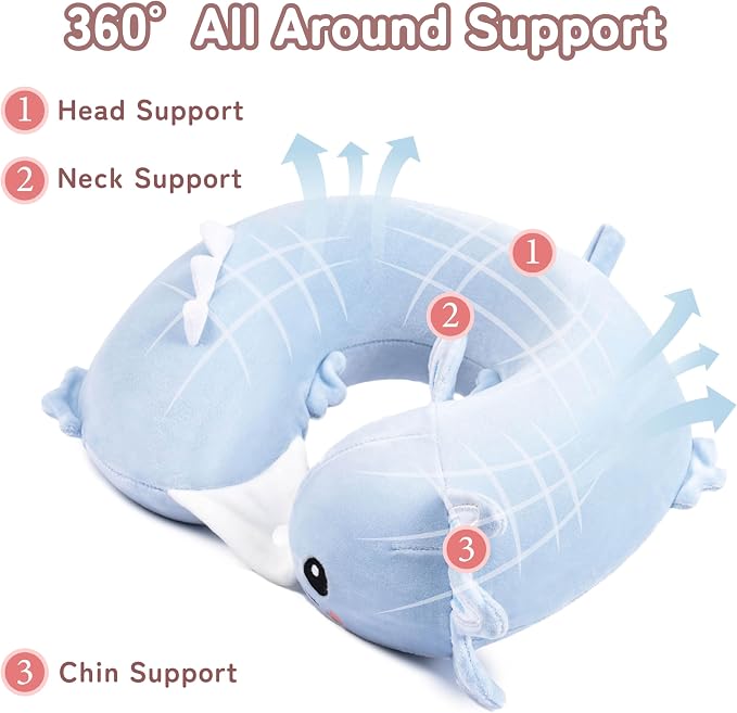 Memory Foam Travel Neck Pillow for Teens and Adults, Blue Axolotl Design | Removable cover, machine washable, 360-degree head & chin support, 17 in neck size for teens and adults, car & airplane use - Image 4